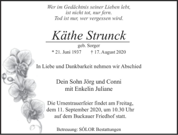 Traueranzeige von Käthe Strunck (geb. Sorger)  von Magdeburger Volksstimme