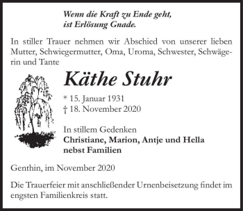 Traueranzeige von Käthe Stuhr  von Magdeburger Volksstimme