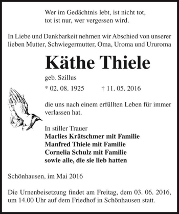 Traueranzeige von Käthe Thiele (geb. Szillus)  von Magdeburger Volksstimme