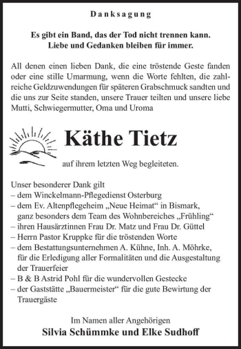 Traueranzeige von Käthe Tietz  von Magdeburger Volksstimme