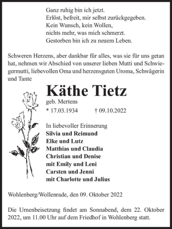 Traueranzeige von Käthe Tietz (geb. Mertens)  von Magdeburger Volksstimme