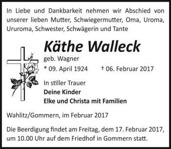 Traueranzeige von Käthe Walleck (geb. Wagner)  von Magdeburger Volksstimme