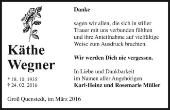 Traueranzeige von Käthe Wegner  von Magdeburger Volksstimme
