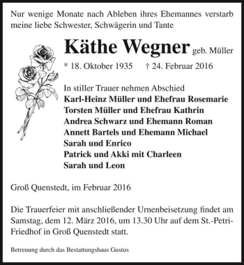 Traueranzeige von Käthe Wegner (geb. Müller)  von Magdeburger Volksstimme