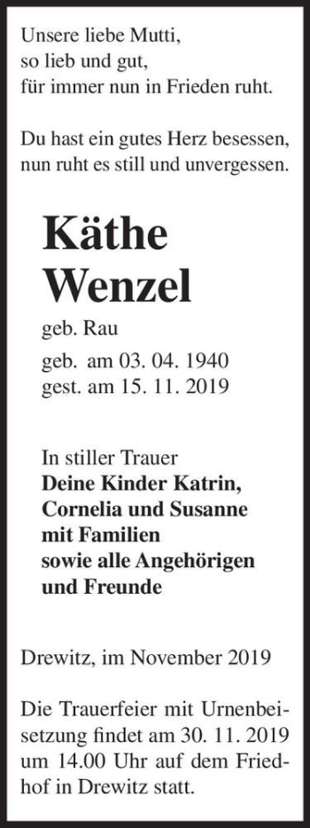 Traueranzeige von Käthe Wenzel (geb. Rau)  von Magdeburger Volksstimme