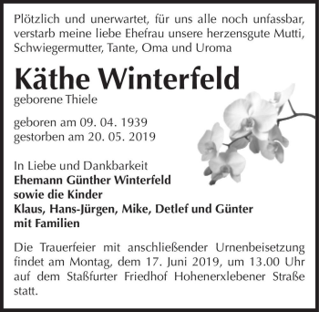Traueranzeige von Käthe Winterfeld (geb. Thiele)  von Magdeburger Volksstimme