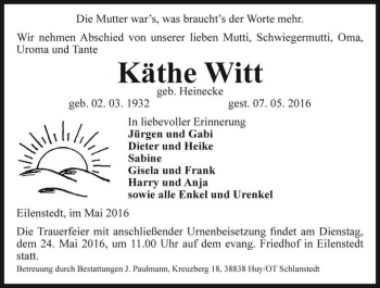 Traueranzeige von Käthe Witt (geb. Heinecke)  von Magdeburger Volksstimme