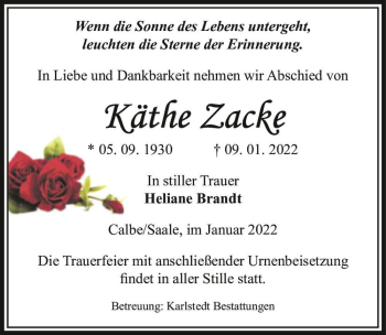 Traueranzeige von Käthe Zacke  von Magdeburger Volksstimme