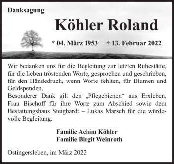Traueranzeige von Köhler Roland  von Magdeburger Volksstimme