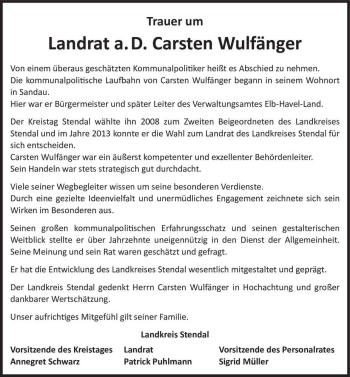 Traueranzeige von Landrat a. D. Carsten Wulfänger  von Magdeburger Volksstimme