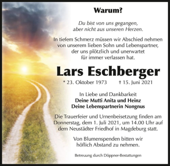Traueranzeige von Lars Eschberger  von Magdeburger Volksstimme