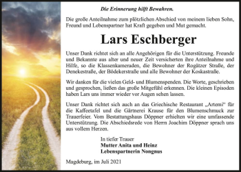Traueranzeige von Lars Eschberger  von Magdeburger Volksstimme