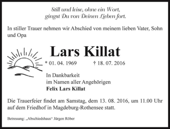 Traueranzeige von Lars Killat  von Magdeburger Volksstimme