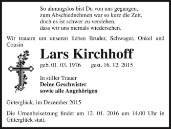 Traueranzeige von Lars Kirchhoff  von Magdeburger Volksstimme