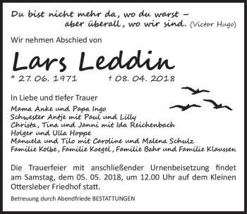 Traueranzeige von Lars Leddin  von Magdeburger Volksstimme
