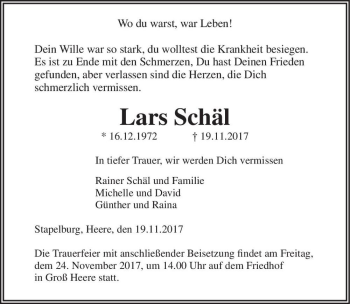 Traueranzeige von Lars Schäl  von Magdeburger Volksstimme