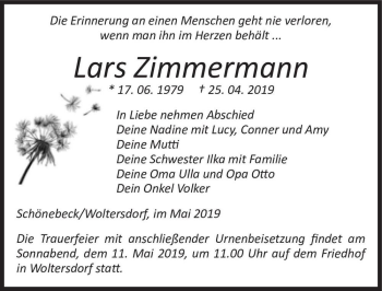 Traueranzeige von Lars Zimmermann  von Magdeburger Volksstimme