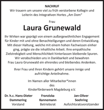 Traueranzeige von Laura Grunewald  von Magdeburger Volksstimme
