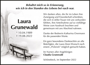 Traueranzeige von Laura Grunewald  von Magdeburger Volksstimme