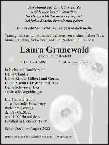 Traueranzeige von Laura Grunewald (geb. Lichtenfeld)  von Magdeburger Volksstimme