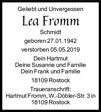 Traueranzeige von Lea Fromm (geb. Schmidt)  von Magdeburger Volksstimme