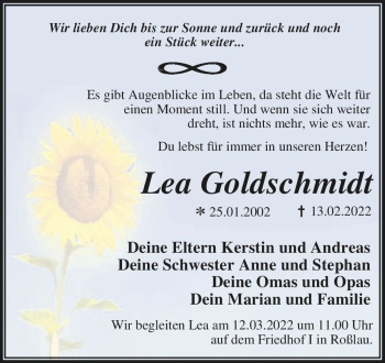 Traueranzeige von Lea Goldschmidt  von Magdeburger Volksstimme