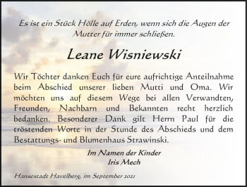 Traueranzeige von Leane Wisniewski  von Magdeburger Volksstimme