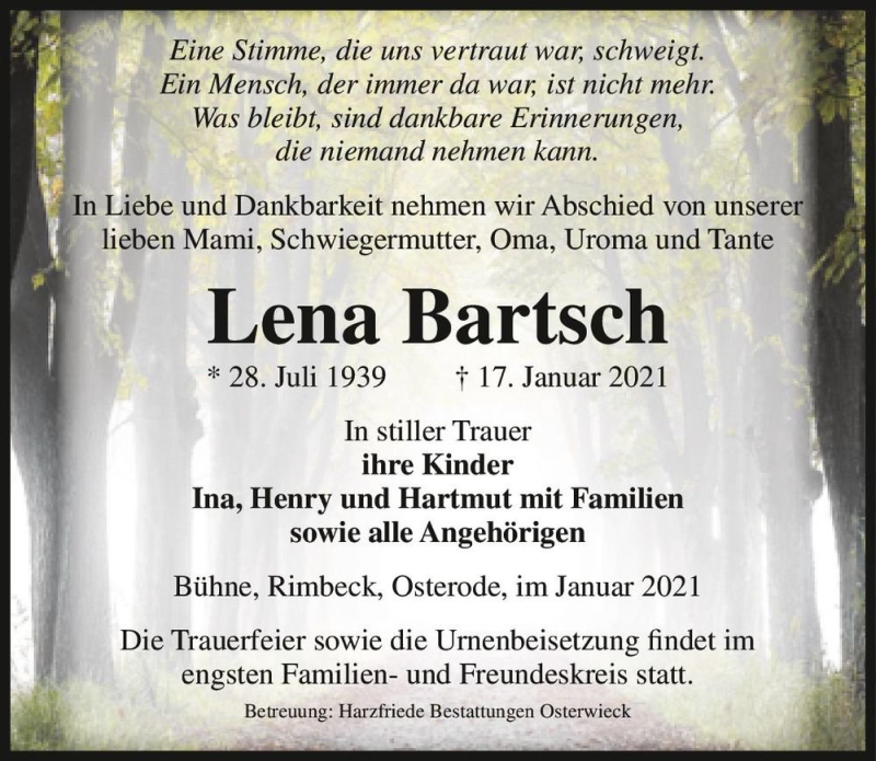 Traueranzeige für Lena Bartsch  vom 23.01.2021 aus Magdeburger Volksstimme