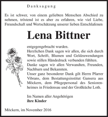 Traueranzeige von Lena Bittner  von Magdeburger Volksstimme