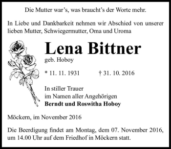 Traueranzeige von Lena Bittner (geb. Hoboy)  von Magdeburger Volksstimme