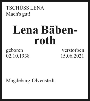 Traueranzeige von Lena Bäbenroth  von Magdeburger Volksstimme