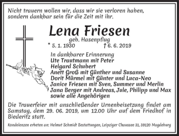 Traueranzeige von Lena Friesen (geb. Hasenpflug)  von Magdeburger Volksstimme