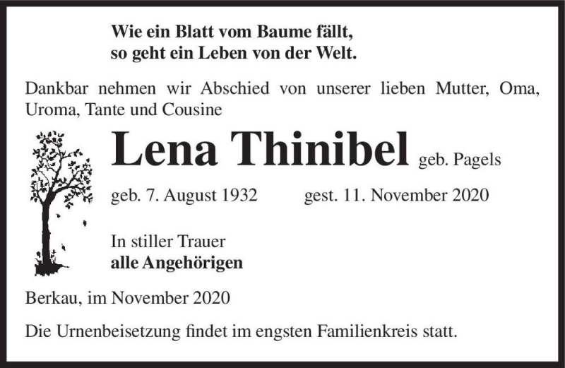  Traueranzeige für Lena Thinibel (geb. Pagels)  vom 17.11.2020 aus Magdeburger Volksstimme