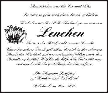 Traueranzeige von Lenchen  von Magdeburger Volksstimme