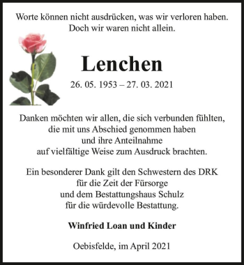 Traueranzeige von Lenchen  von Magdeburger Volksstimme