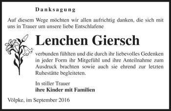 Traueranzeige von Lenchen Giersch  von Magdeburger Volksstimme