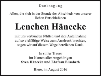 Traueranzeige von Lenchen Hänecke  von Magdeburger Volksstimme