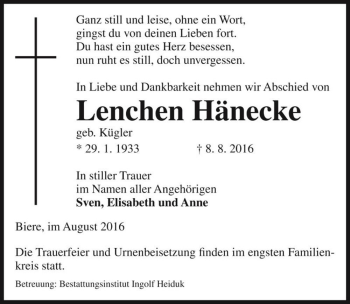 Traueranzeige von Lenchen Hänecke (geb. Kügler)  von Magdeburger Volksstimme