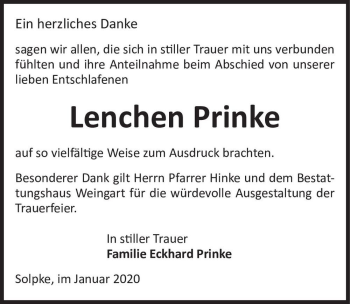 Traueranzeige von Lenchen Prinke  von Magdeburger Volksstimme