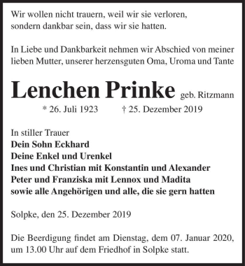 Traueranzeige von Lenchen Prinke (geb. Ritzmann)  von Magdeburger Volksstimme