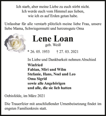 Traueranzeige von Lene Loan (geb. Weiß)  von Magdeburger Volksstimme