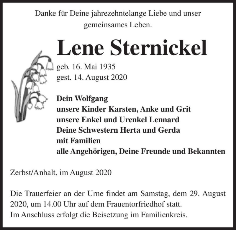  Traueranzeige für Lene Sternickel  vom 22.08.2020 aus Magdeburger Volksstimme