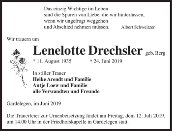 Traueranzeige von Lenelotte Drechsler (geb. Berg)  von Magdeburger Volksstimme