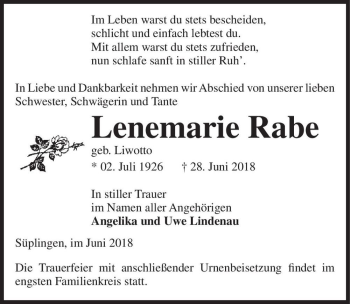 Traueranzeige von Lenemarie Rabe (geb. Liwotta)  von Magdeburger Volksstimme