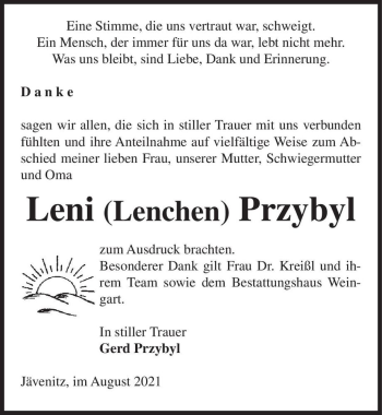 Traueranzeige von Leni (Lenchen) Przybyl  von Magdeburger Volksstimme