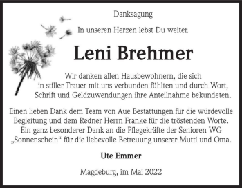 Traueranzeige von Leni Brehmer  von Magdeburger Volksstimme