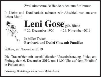 Traueranzeige von Leni Gose (geb. Binne)  von Magdeburger Volksstimme