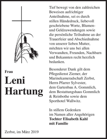 Traueranzeige von Leni Hartung  von Magdeburger Volksstimme