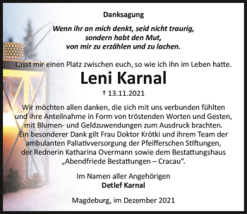 Traueranzeige von Leni Karnal  von Magdeburger Volksstimme