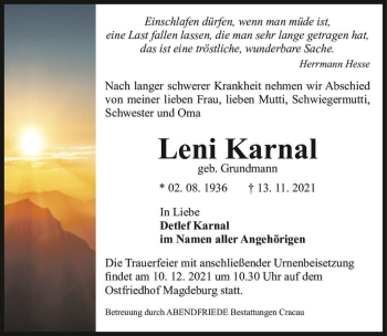 Traueranzeige von Leni Karnal (geb. Grundmann)  von Magdeburger Volksstimme